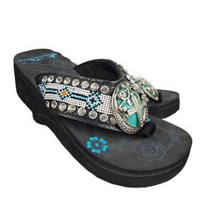 Montana West Wedge Flip Flop Sandal 6 Cross Medallion Turquoise Bead Rhinestone